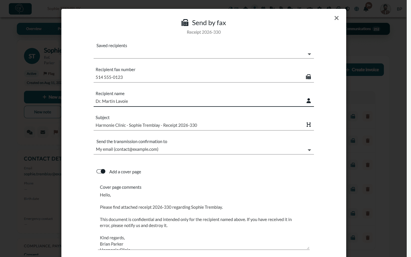 Send by fax window with the recipient, the subject and the cover page