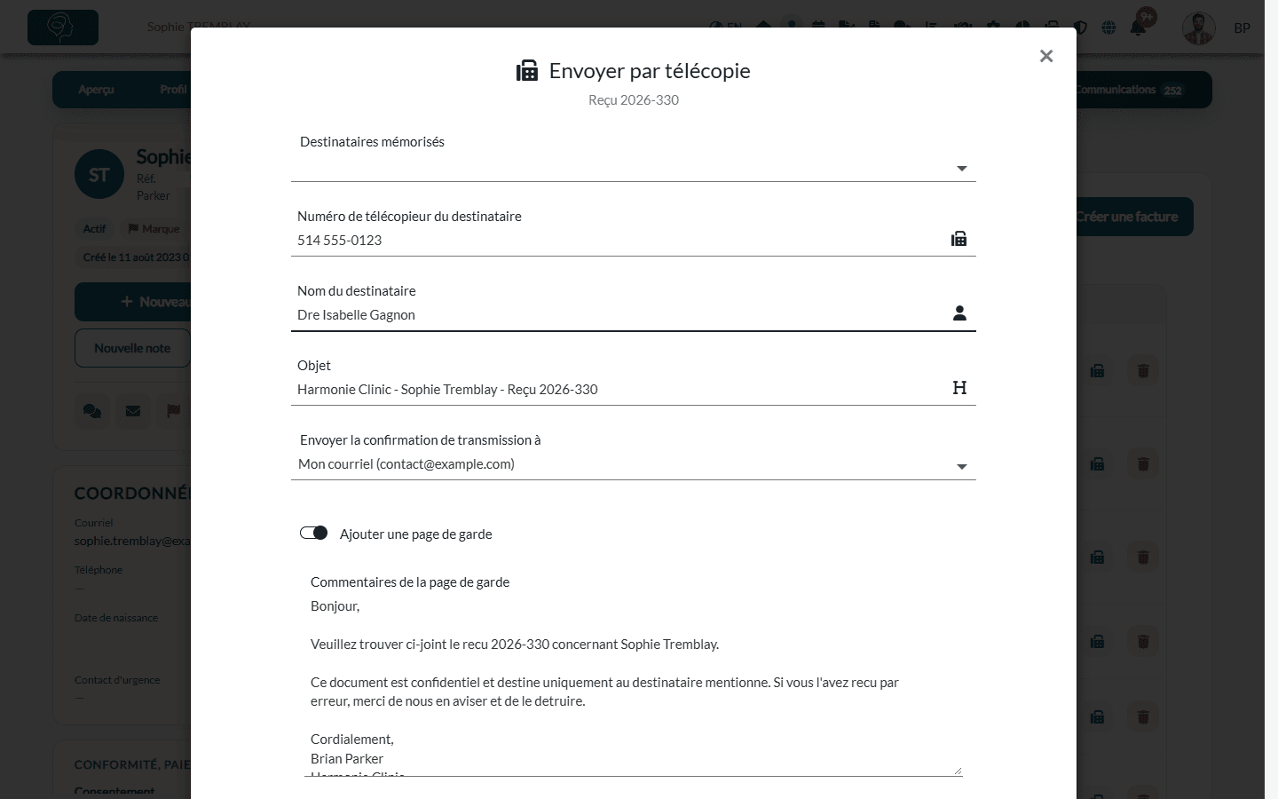 Fenêtre Envoyer par télécopie avec le destinataire, l'objet et la page de garde