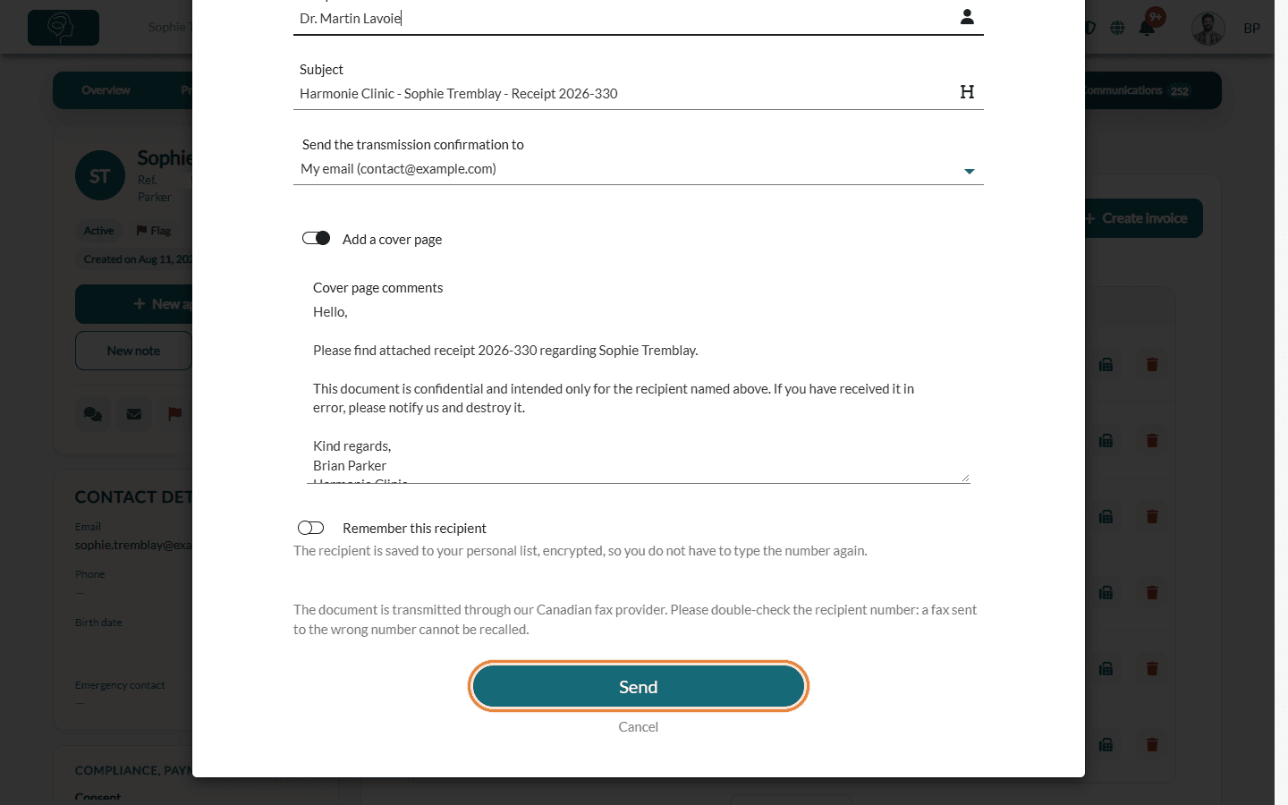 Cover page comments, Remember this recipient option and Send button