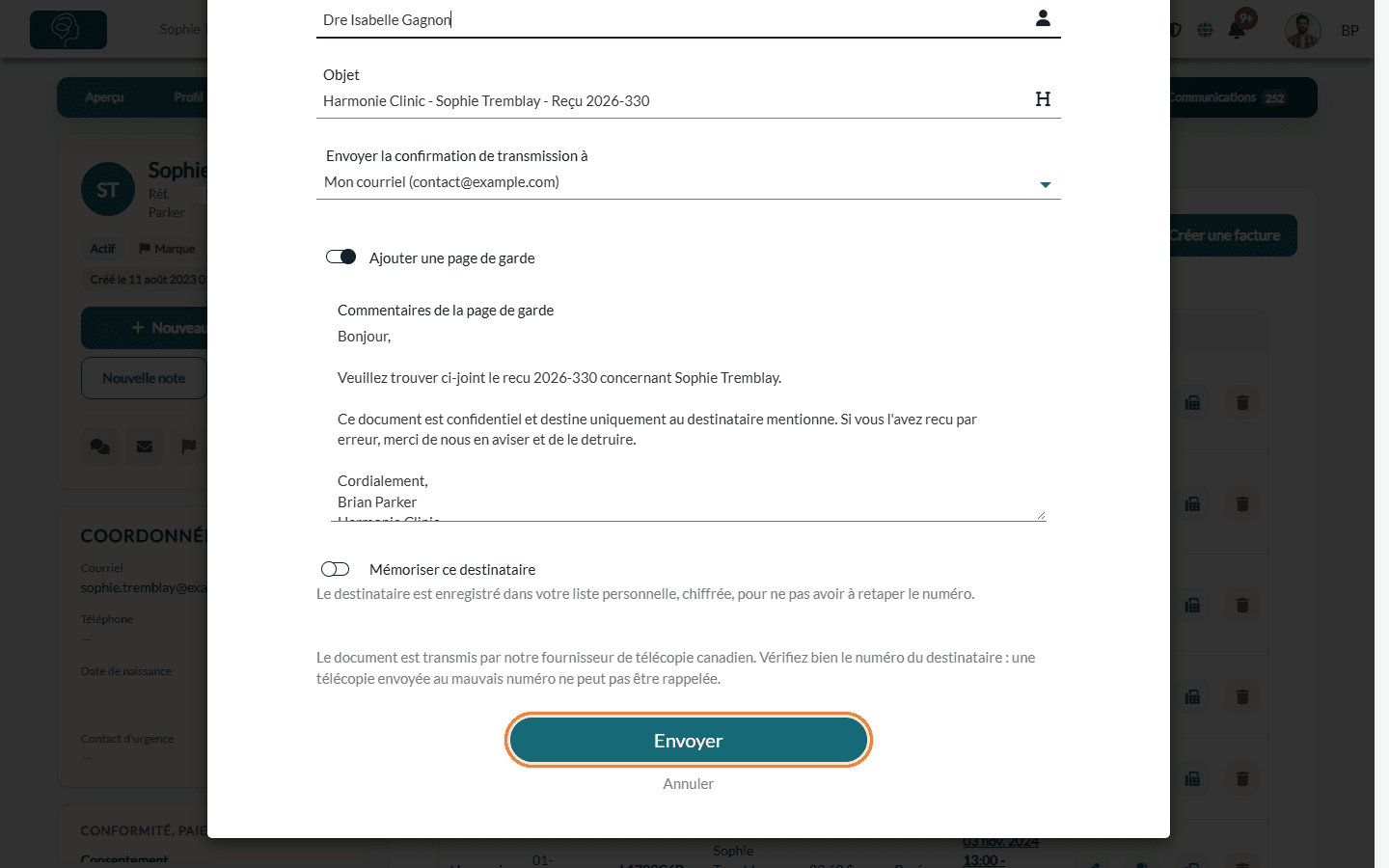 Commentaires de la page de garde, option Mémoriser ce destinataire et bouton Envoyer