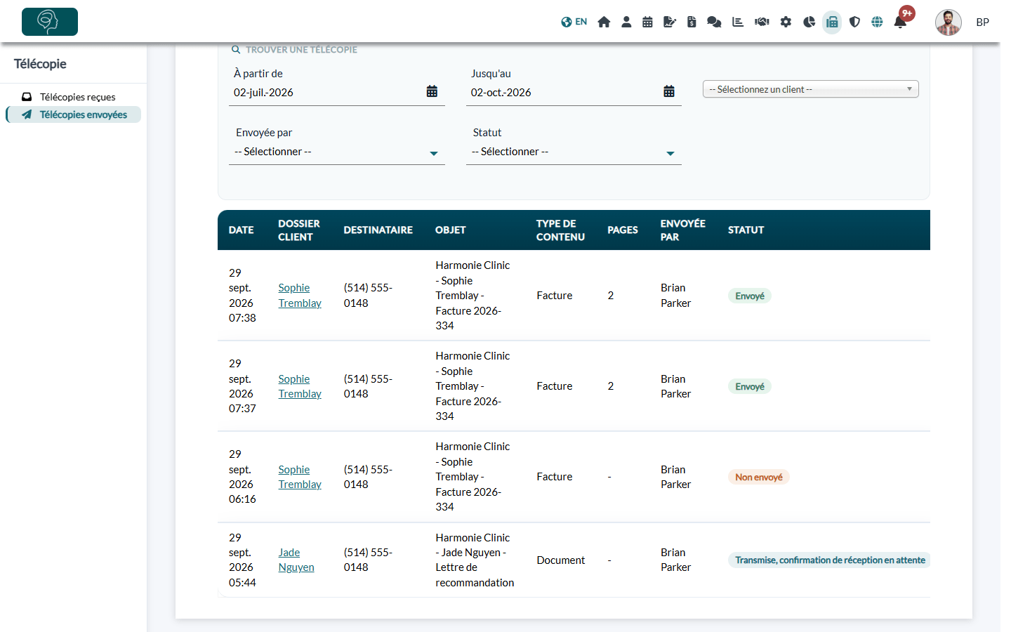 Liste Télécopies envoyées avec la date, le dossier client, le destinataire, l'objet, le type de contenu, les pages, l'expéditeur et le statut