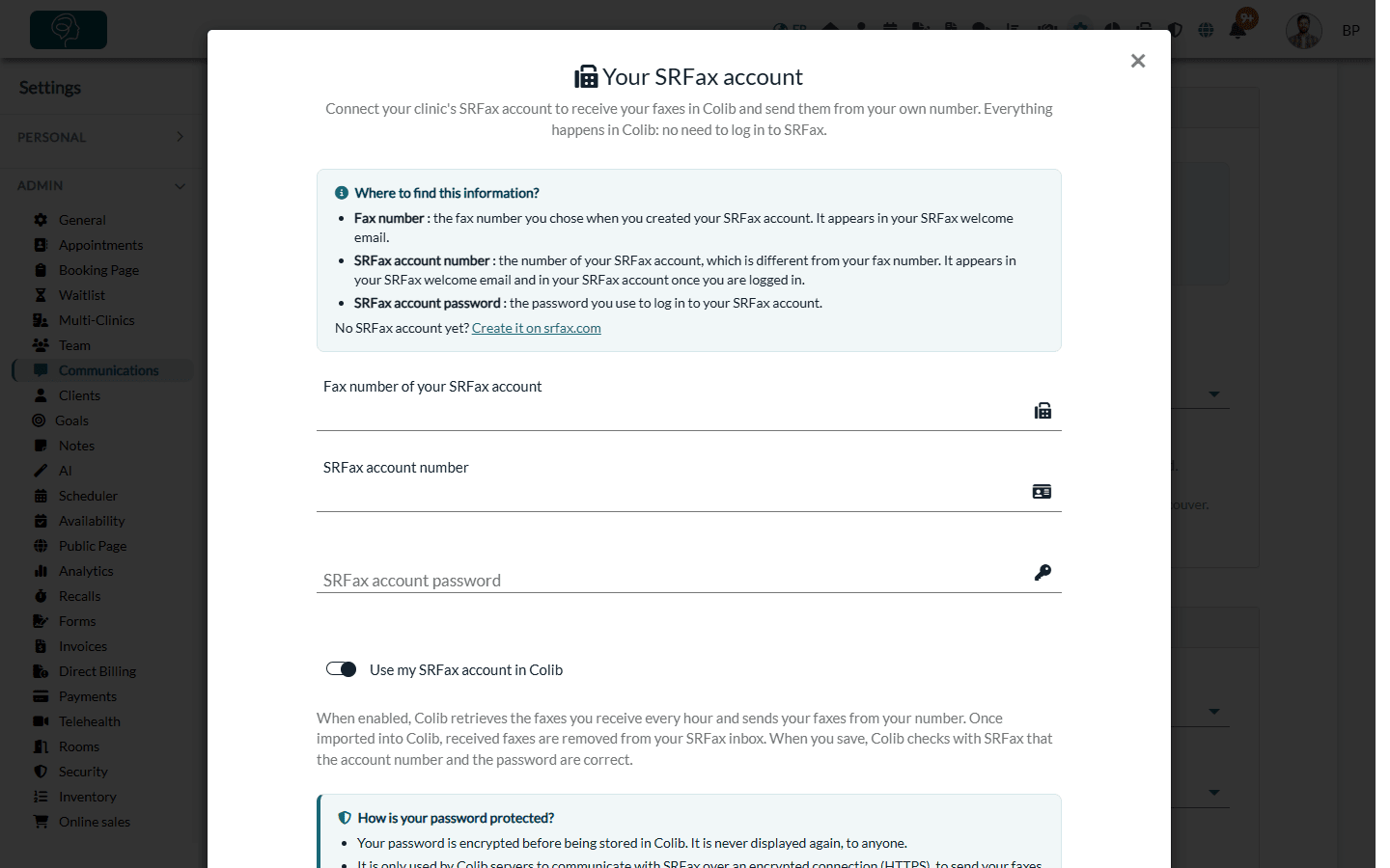Your SRFax account window with the fax number, the account number and the password