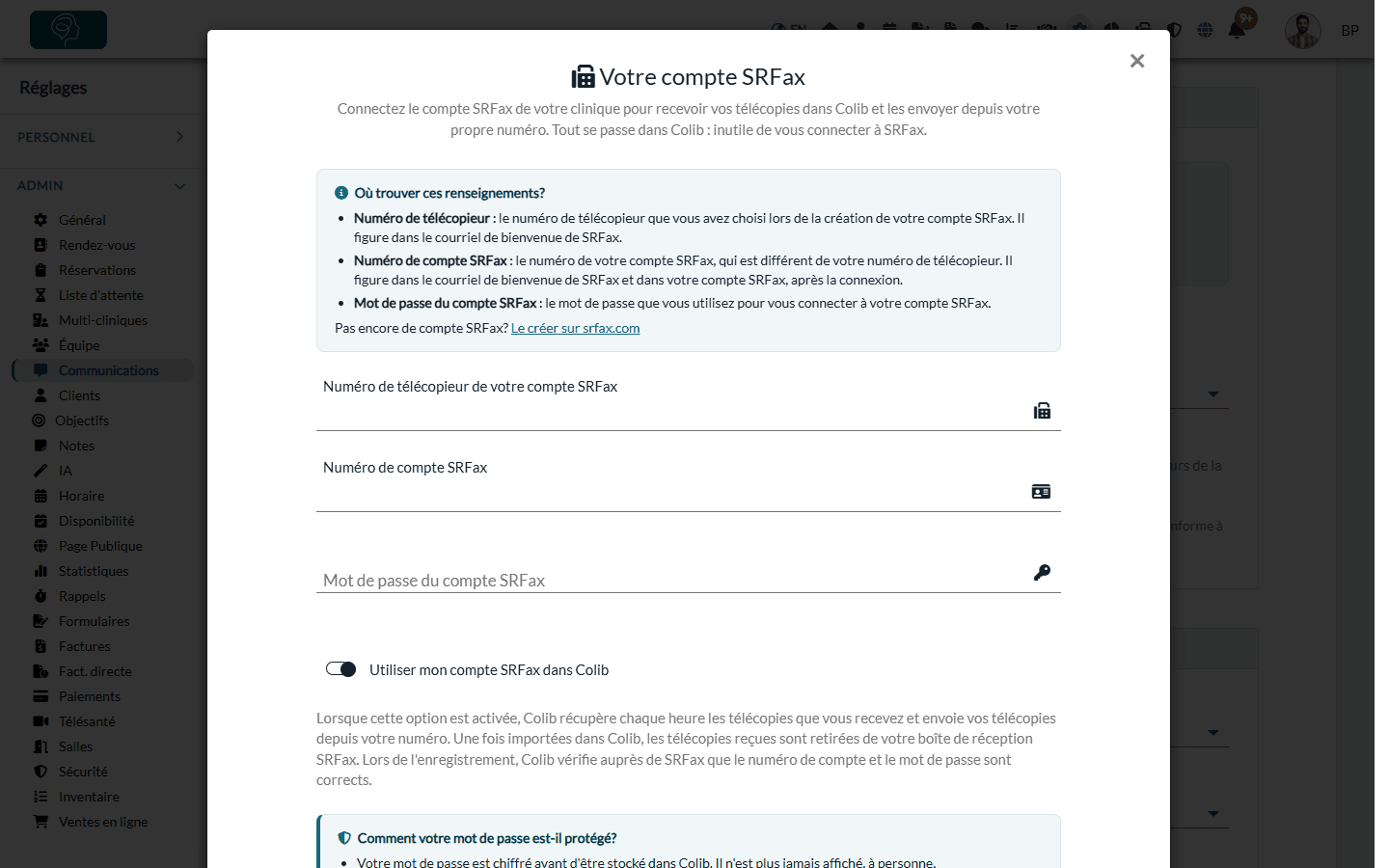 Fenêtre Votre compte SRFax avec le numéro de télécopieur, le numéro de compte et le mot de passe