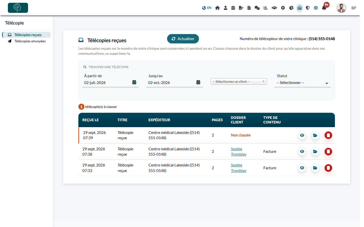Liste Télécopies reçues avec le bouton Actualiser, les filtres et les télécopies à classer