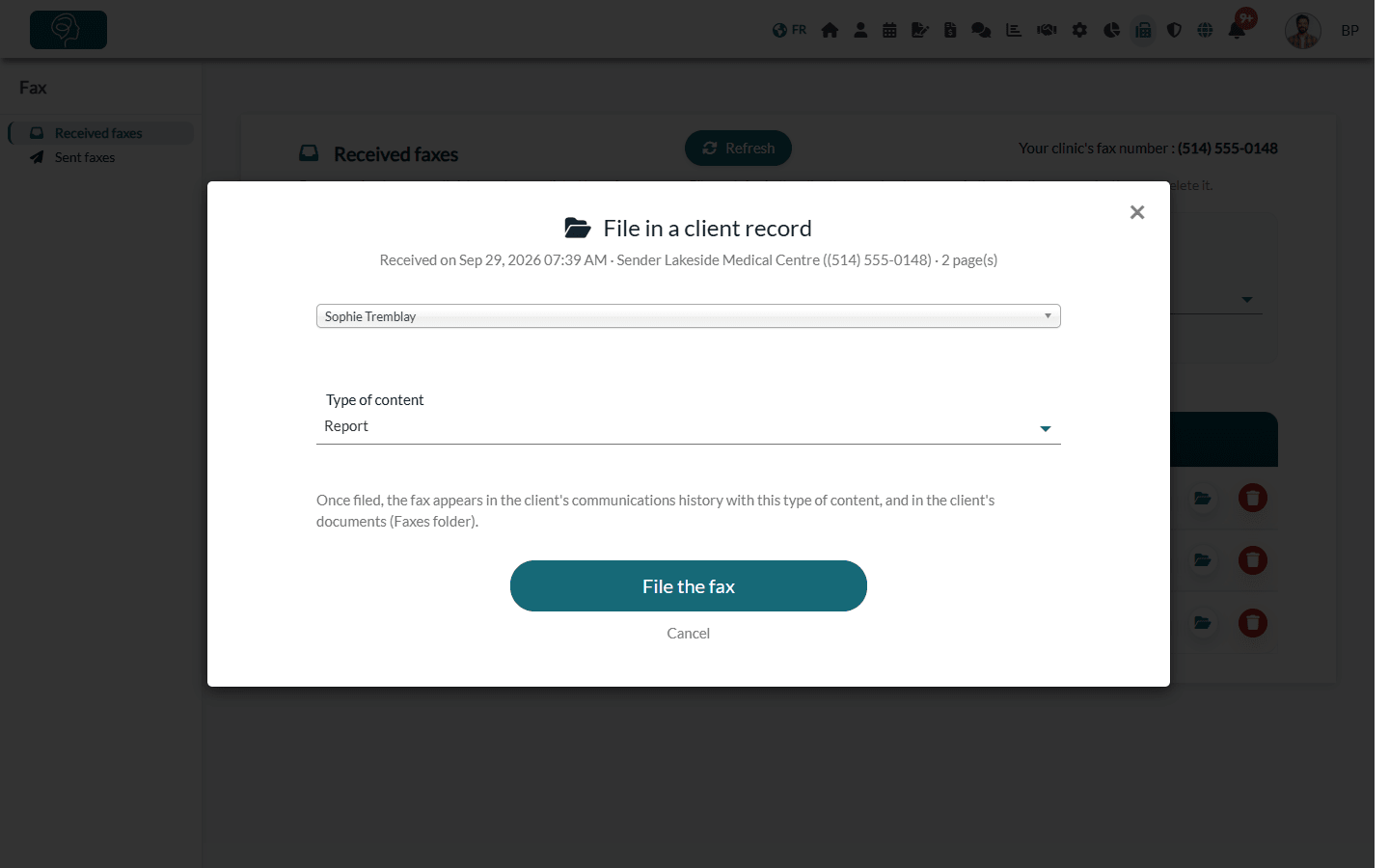 File in a client record window with the client and the type of content