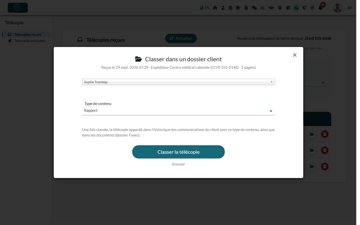 Fenêtre Classer dans un dossier client avec le client et le type de contenu