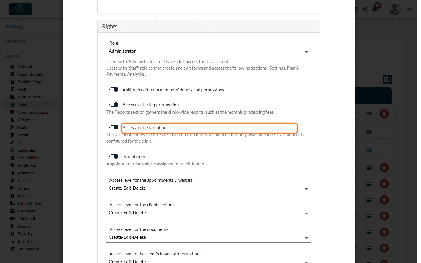 Access to the fax inbox option in the Rights section of a team member