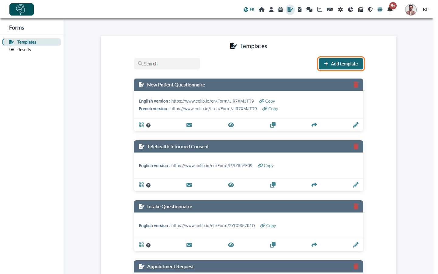 Add template button in the Templates page of the Forms section