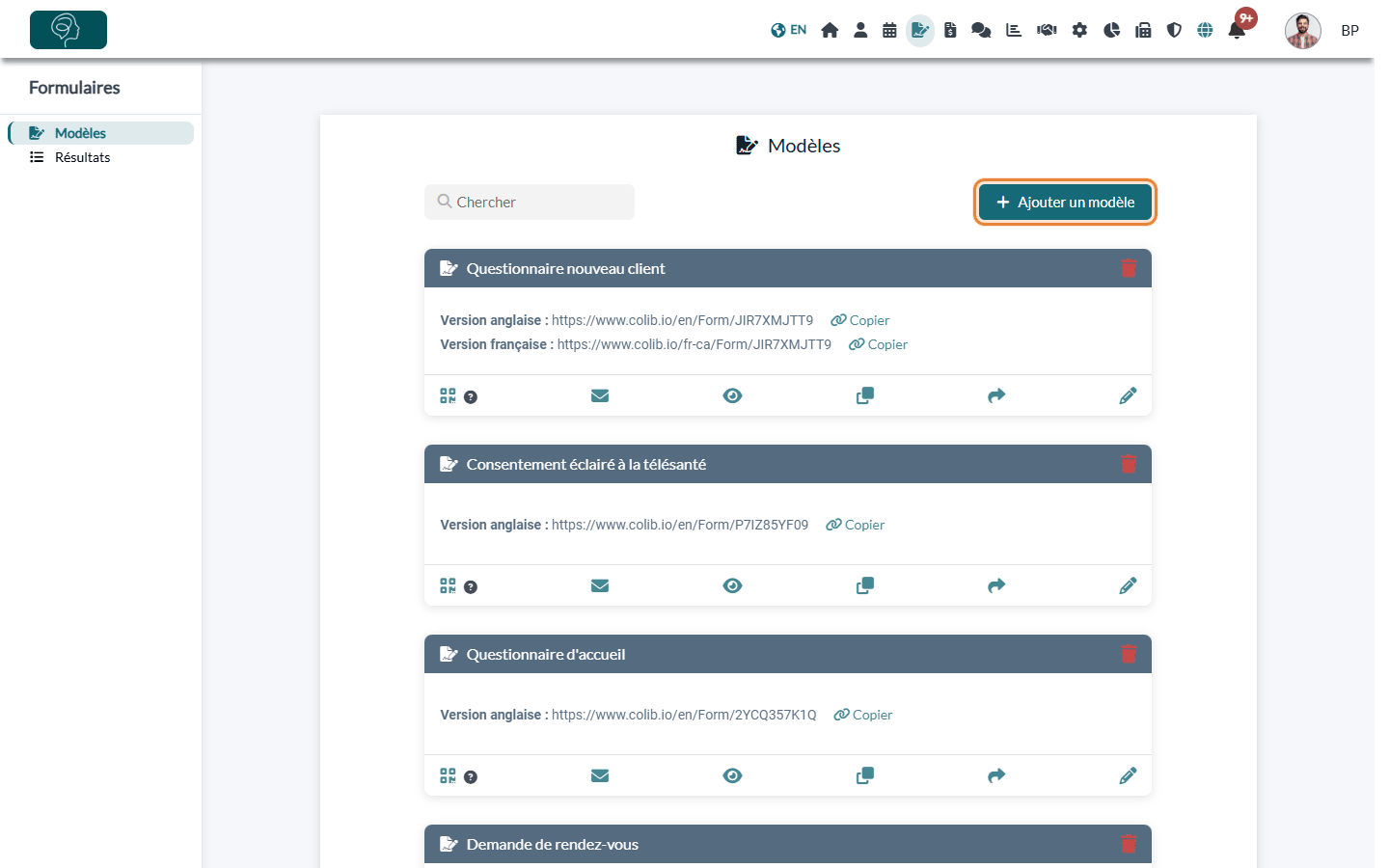 Bouton Ajouter un modèle dans la page Modèles de la section Formulaires