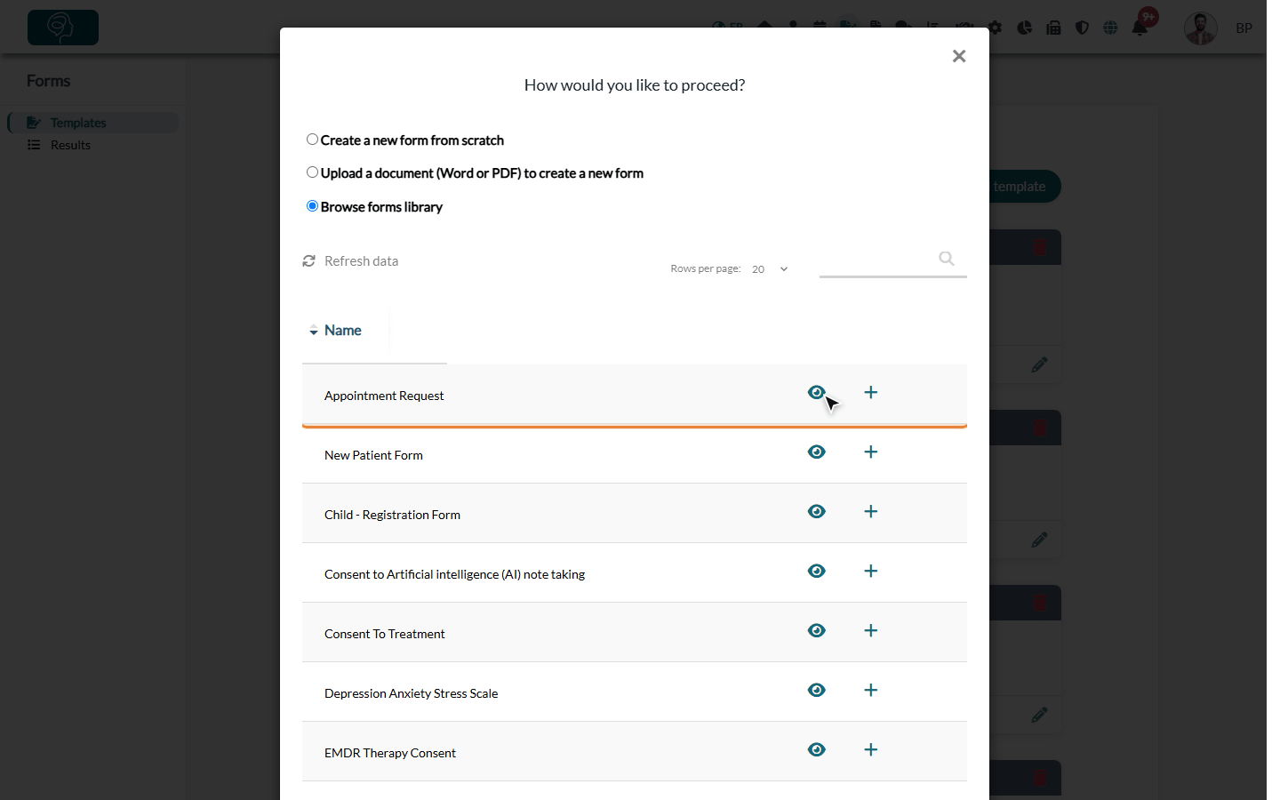 Forms library with the Preview and Add icons