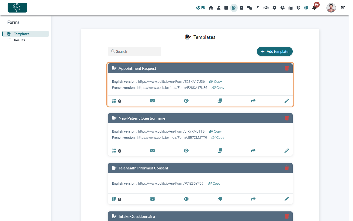 Form added from the library in the Templates list