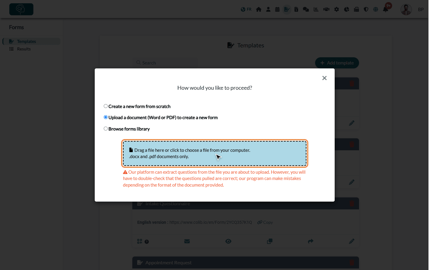 Upload a document option with the drop area for a Word or PDF file