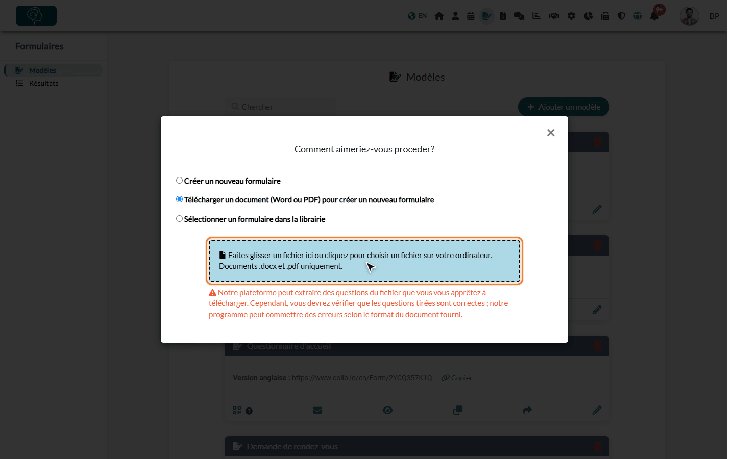 Option d'import d'un document avec la zone de dépôt d'un fichier Word ou PDF