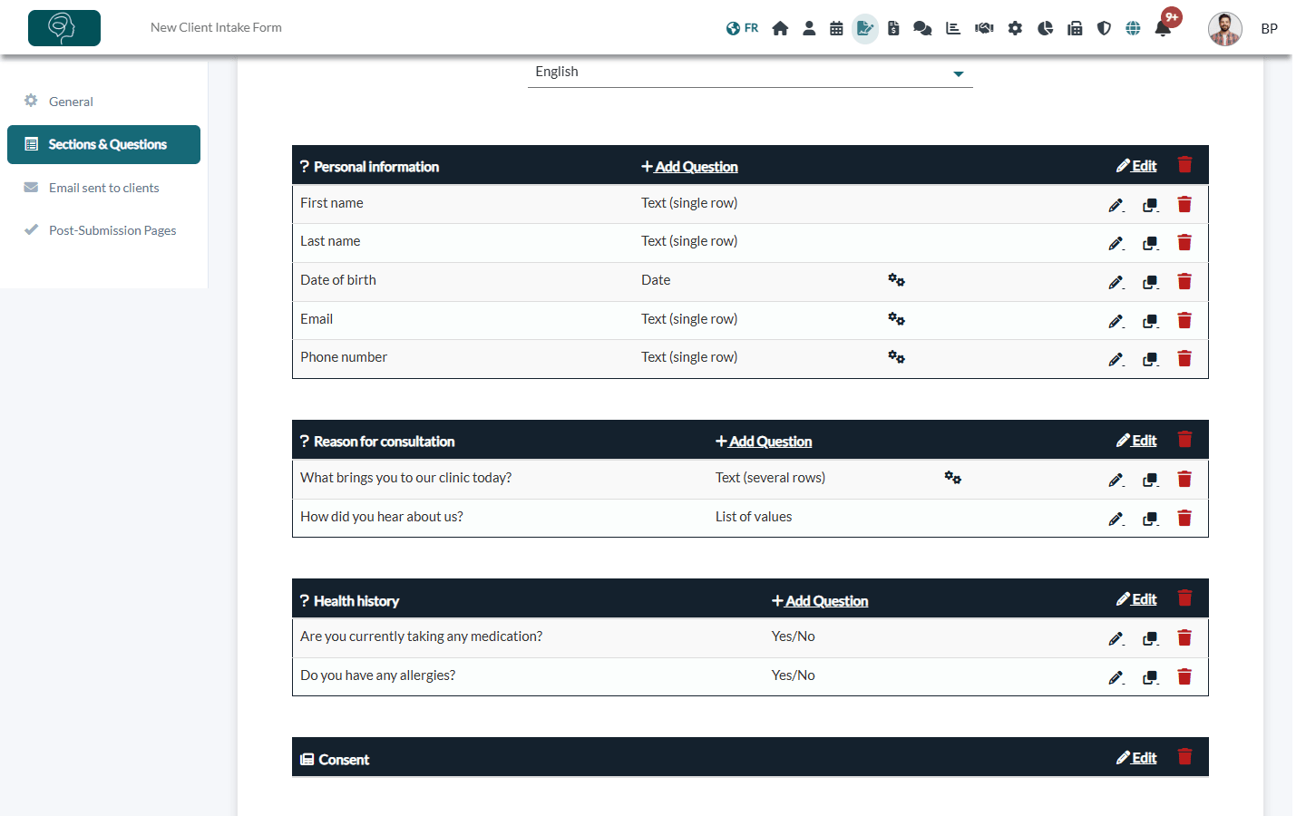 Sections and questions created automatically from the document