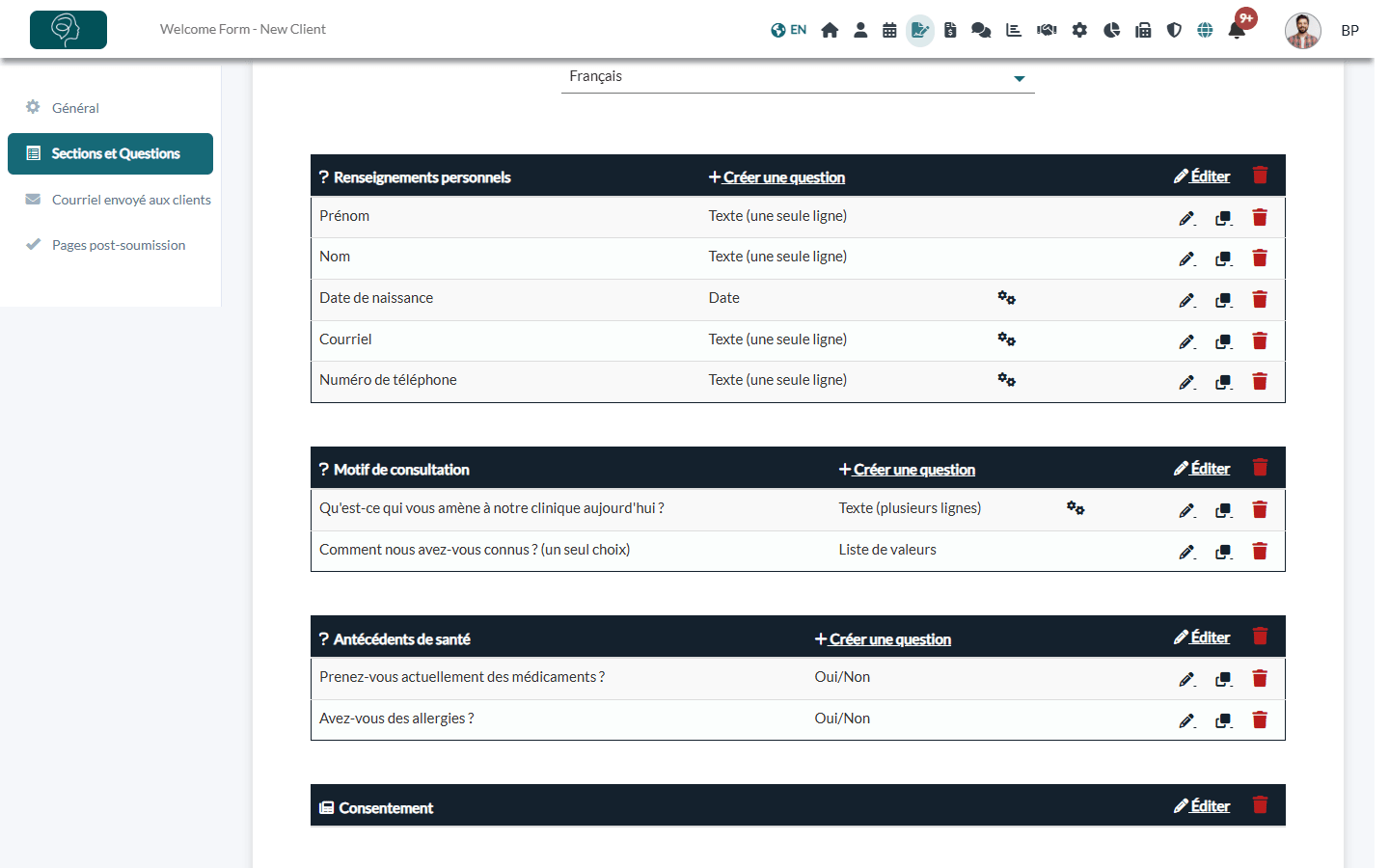 Sections et questions créées automatiquement à partir du document