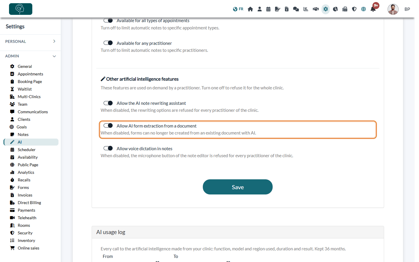 Allow AI form extraction from a document option in Settings > AI
