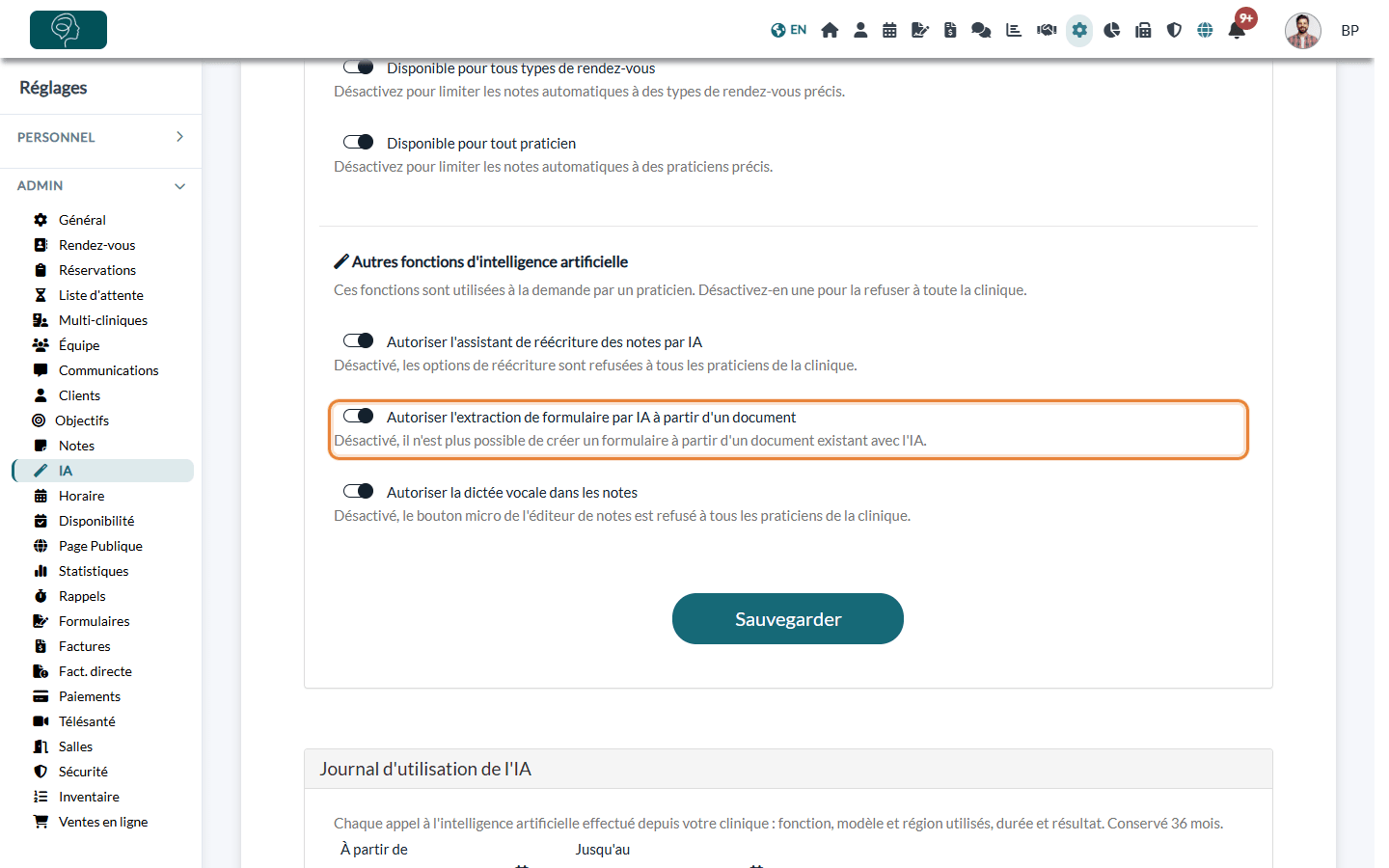 Option Autoriser l'extraction de formulaire par IA dans Réglages > IA