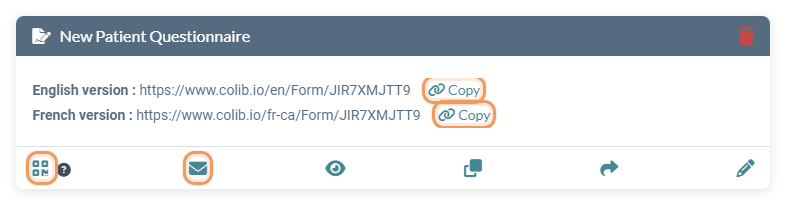 Card of a form with its links, the Copy buttons, the QR code icon and the envelope icon
