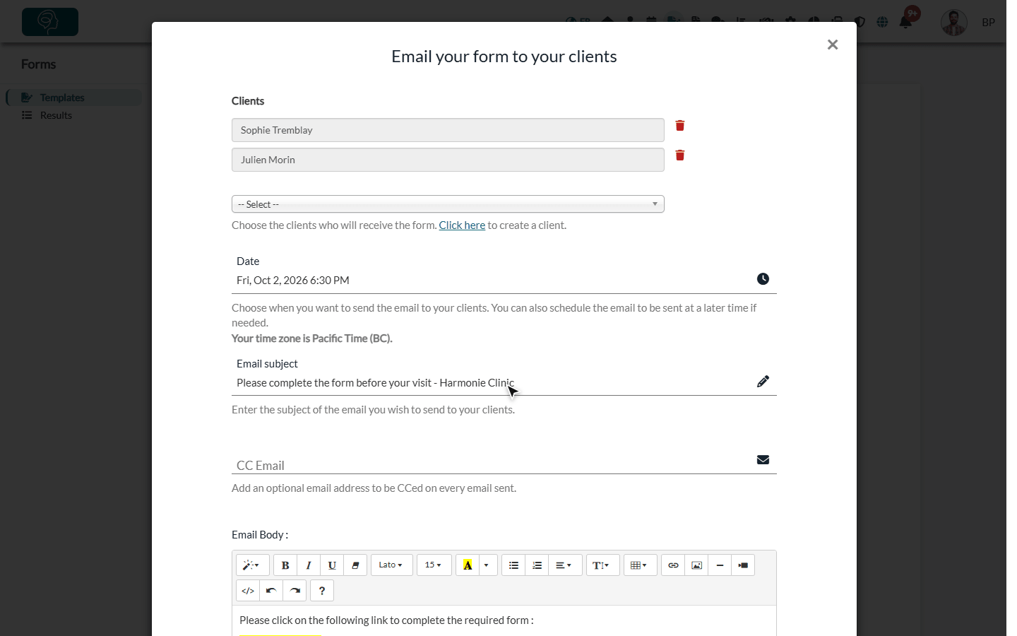 Email your form to your clients window with two clients selected