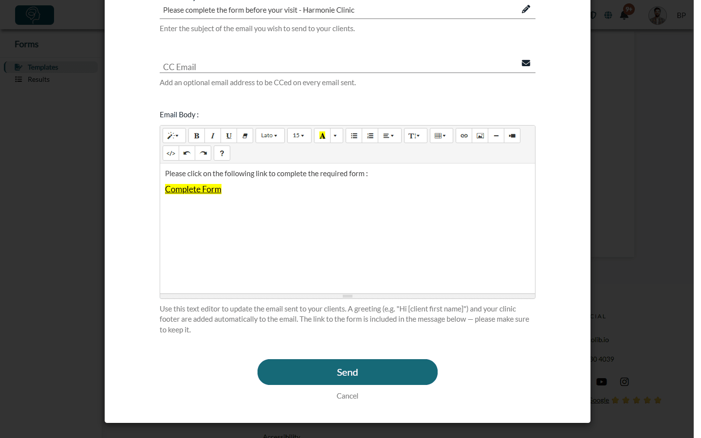 Email body with the link to the form and the Send button