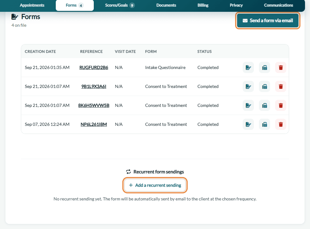 Forms tab of a client record with the Send a form via email and Add a recurrent sending buttons