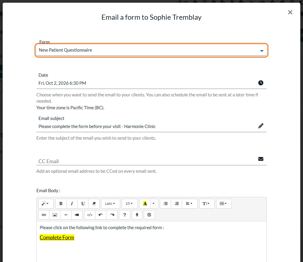 Email a form window opened from the client record, with the choice of the form