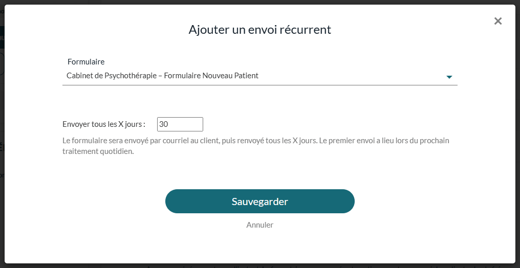 Fenêtre Ajouter un envoi récurrent avec le formulaire et le nombre de jours