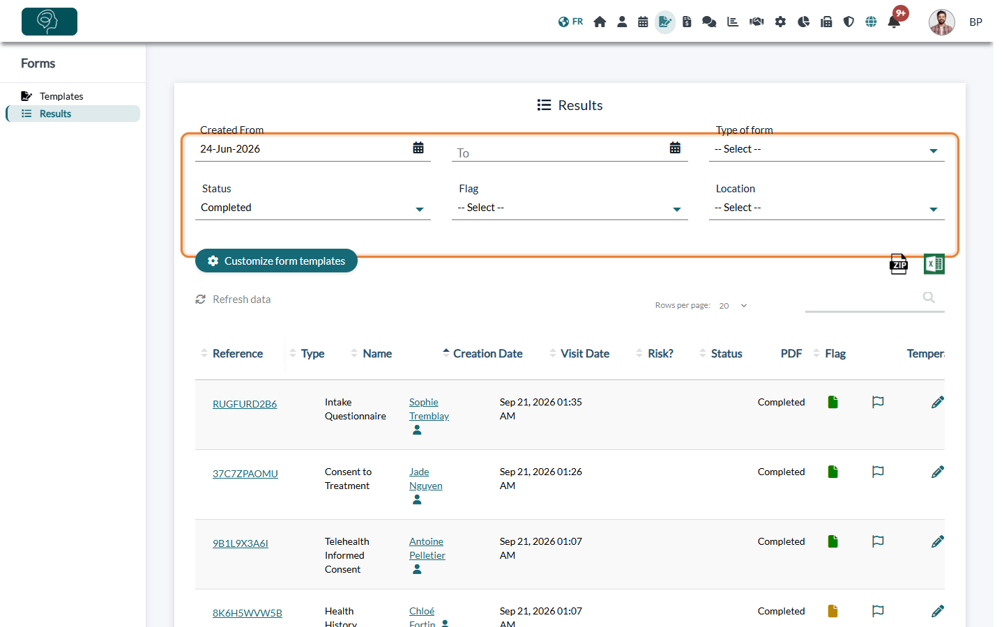 Filters of the Results page: dates, type of form, status, flag and location