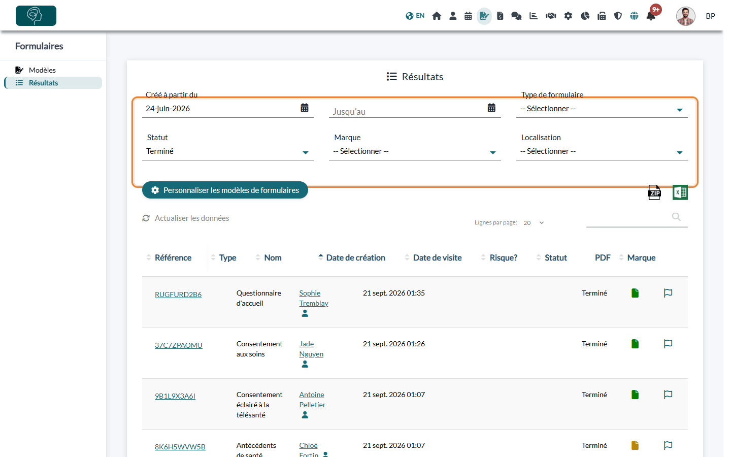 Filtres de la page Résultats : dates, type de formulaire, statut, marque et localisation