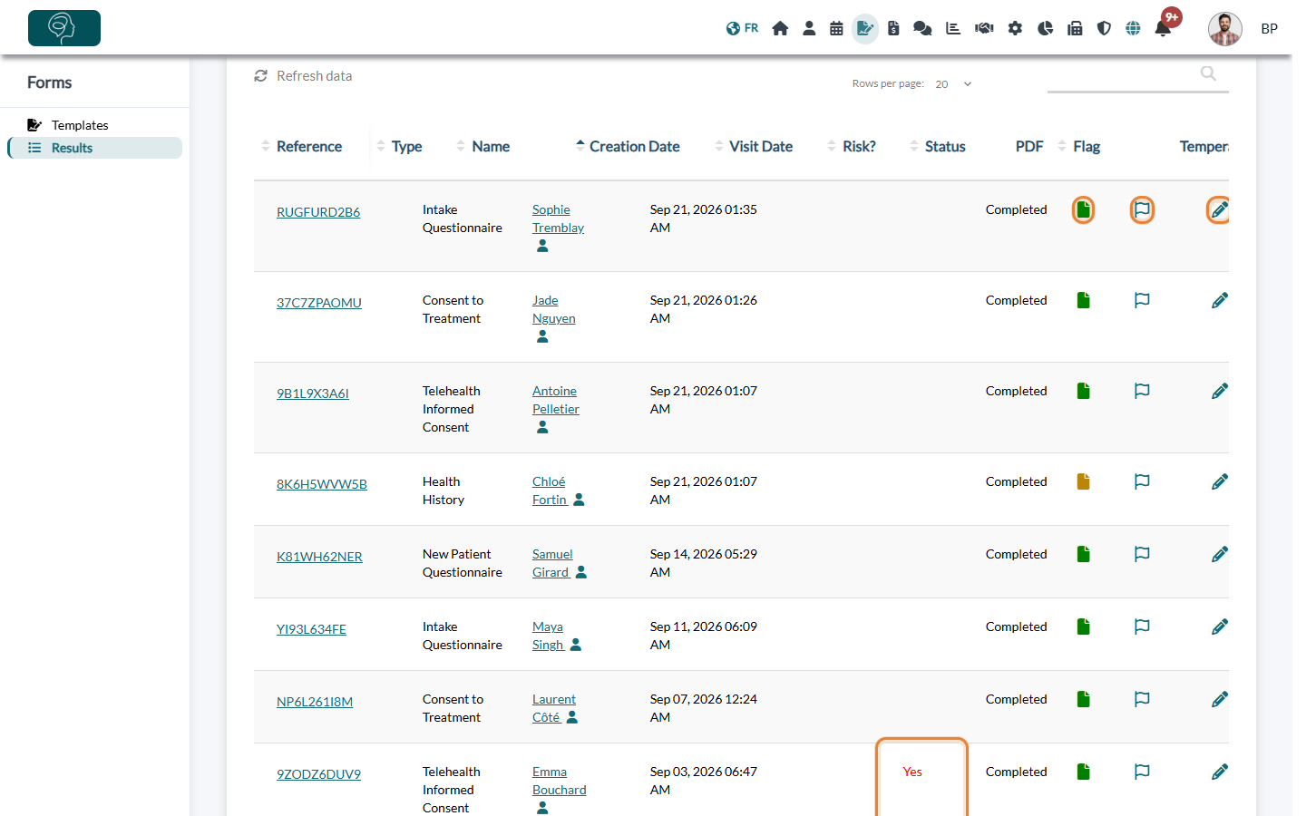 Results table with the PDF, flag and note icons and a risk detected