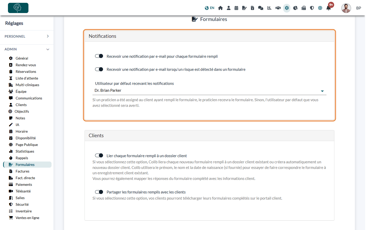 Section Notifications dans Réglages > Formulaires