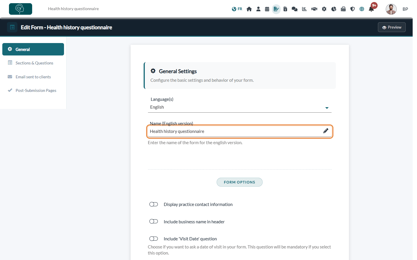 General tab of the form editor with the language and the name of the form
