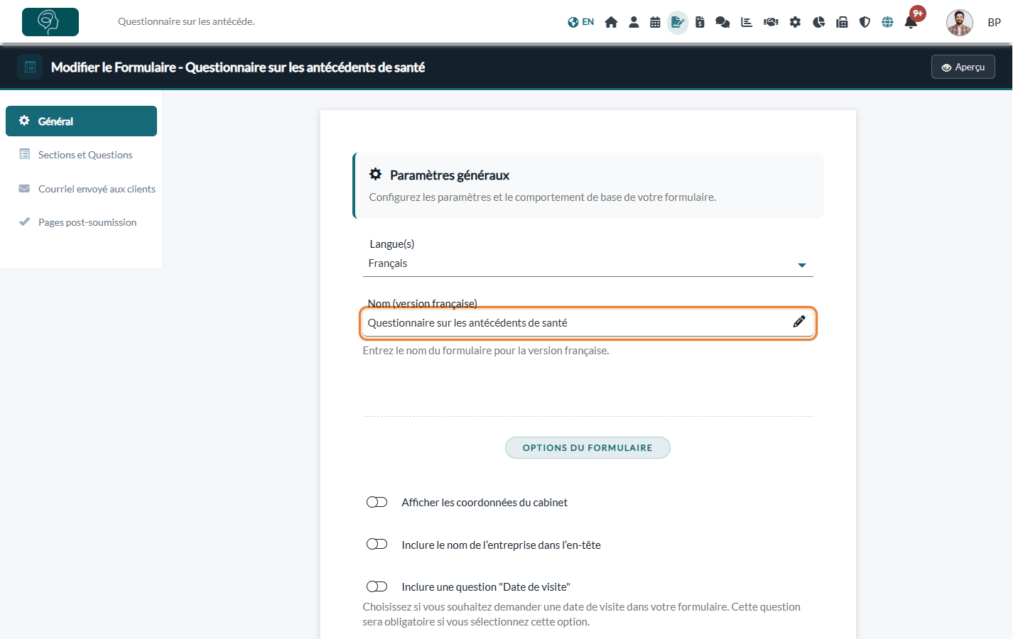 Onglet Général de l'éditeur avec la langue et le nom du formulaire