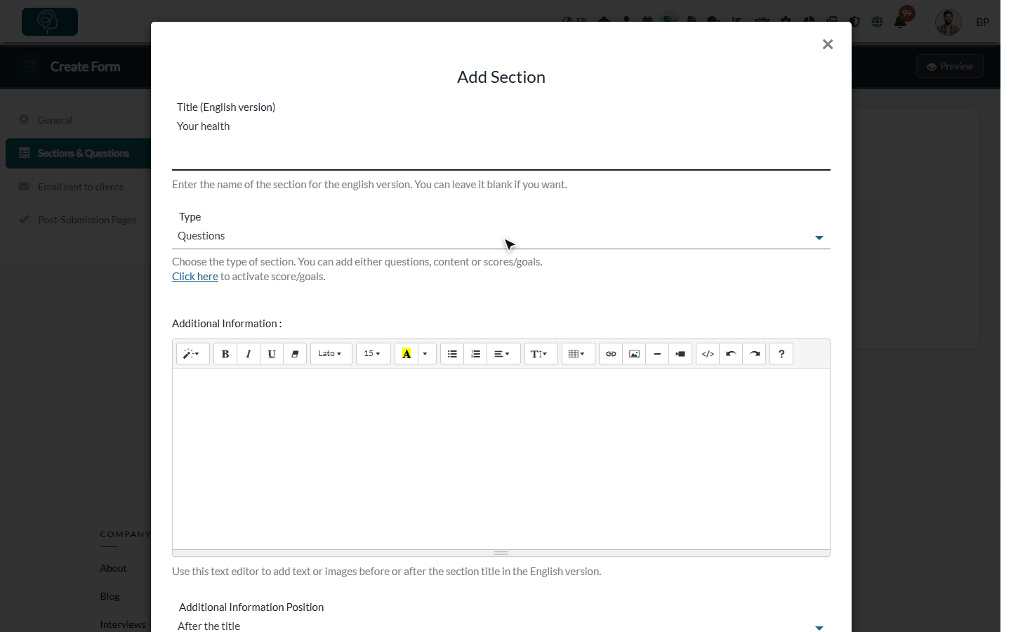 Add Section window with the title and the type of section