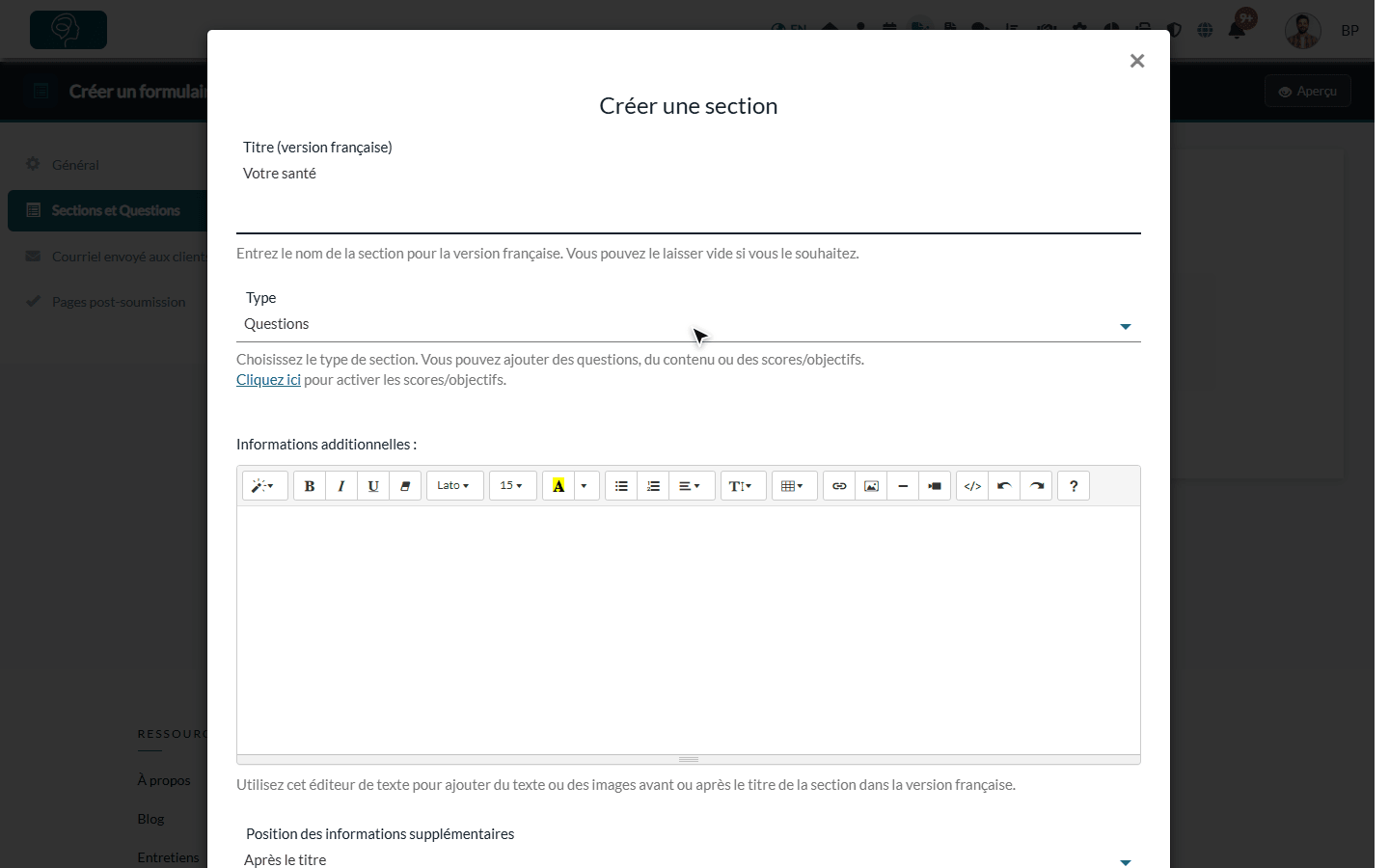 Fenêtre Créer une section avec le titre et le type de section