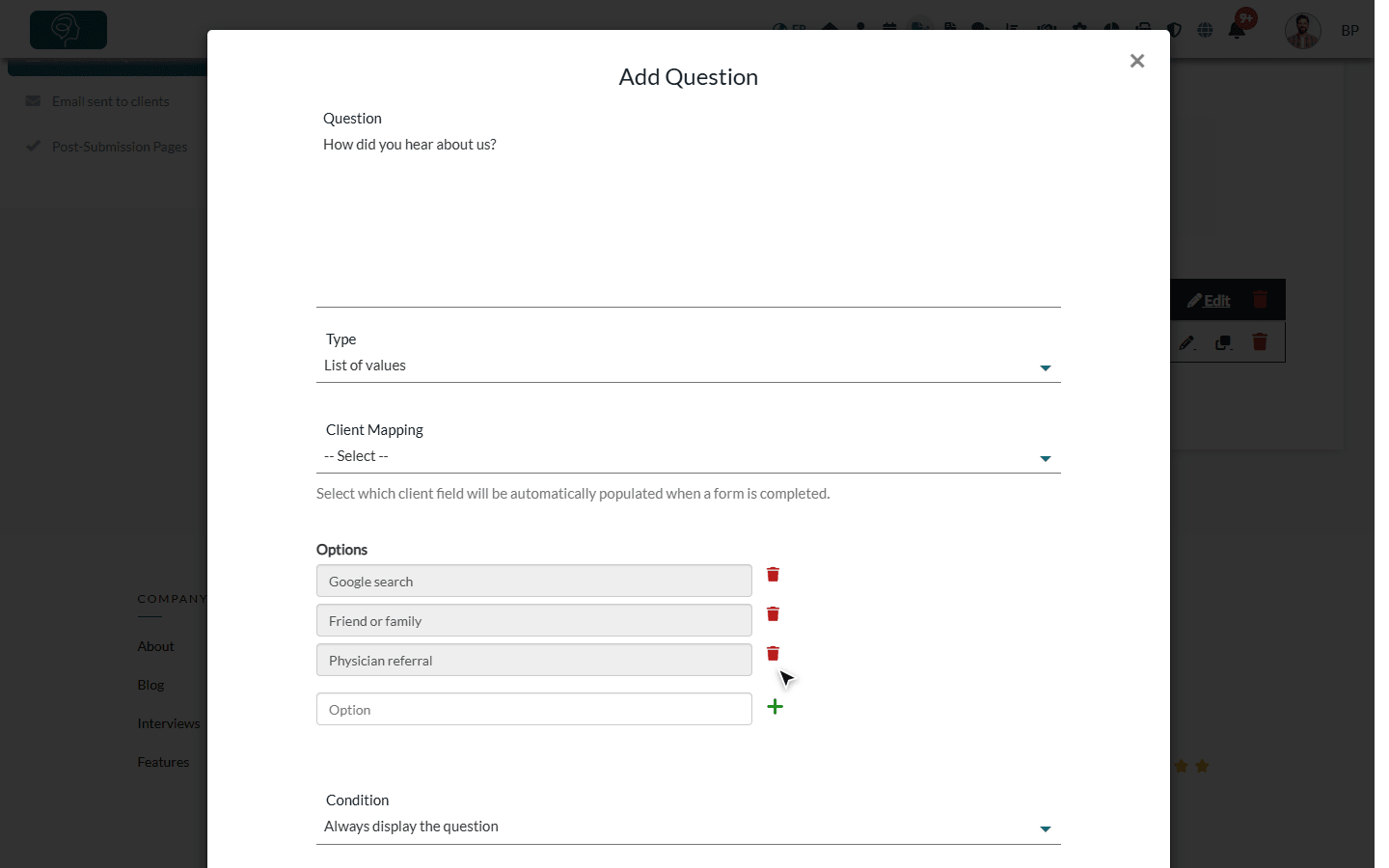 Add Question window with a list of values and its options