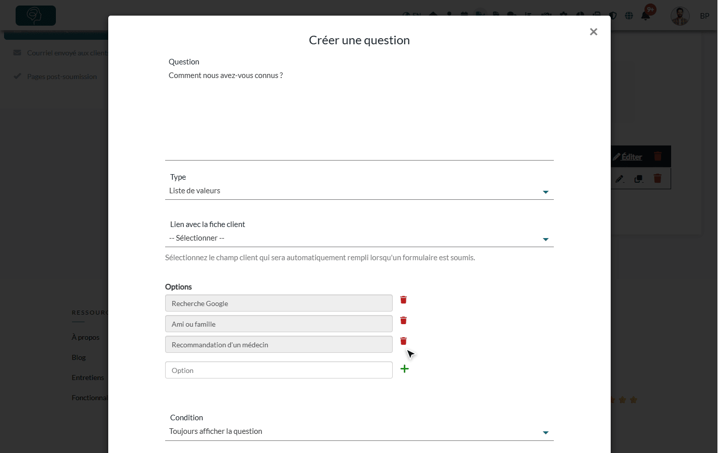 Fenêtre Créer une question avec une liste de valeurs et ses options