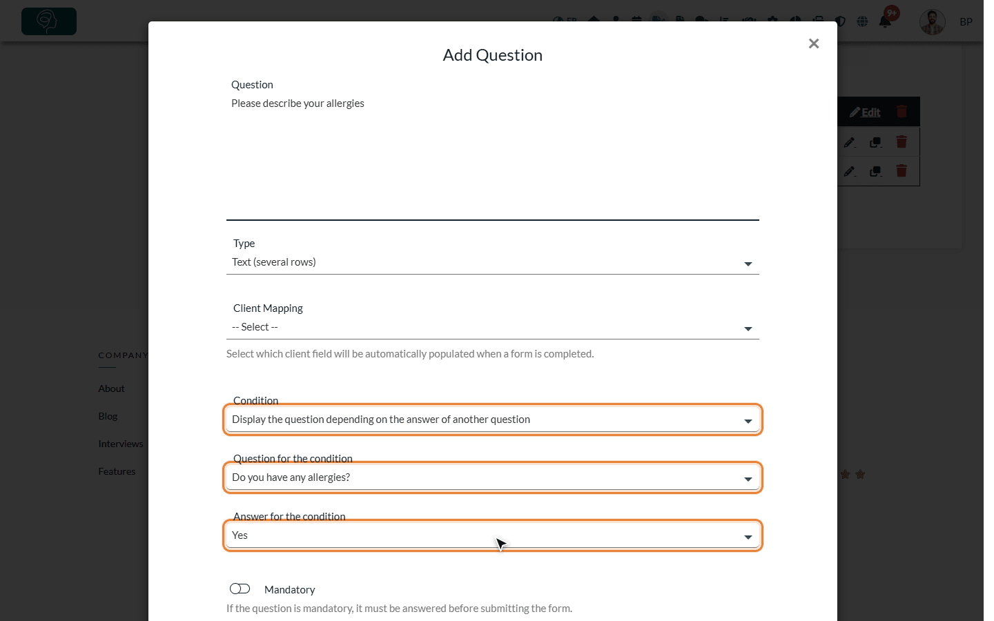 Condition of a question: question and answer that display it