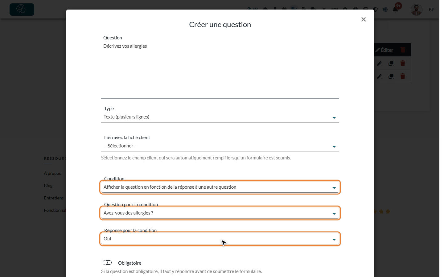 Condition d'une question : question et réponse qui l'affichent