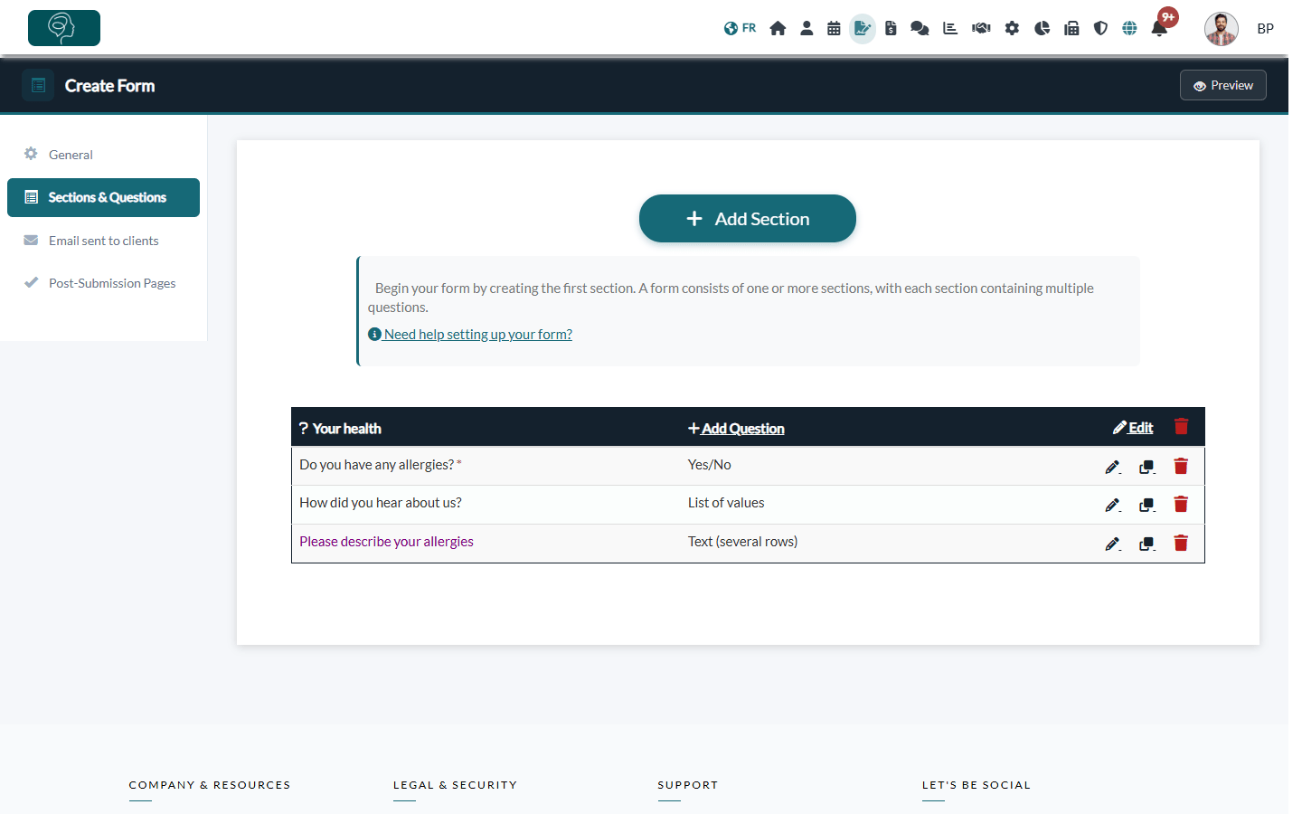 Sections & Questions tab with a section and its questions