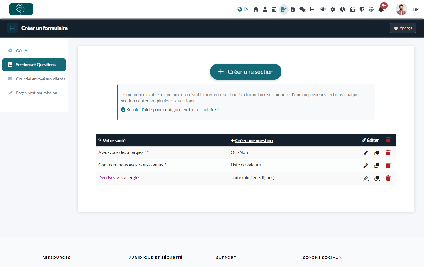 Onglet Sections et Questions avec une section et ses questions