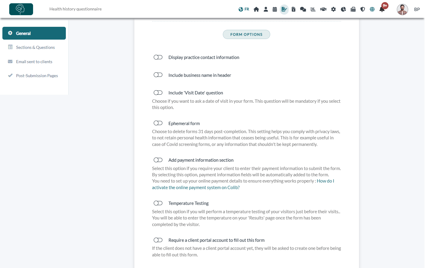 Form options of the General tab
