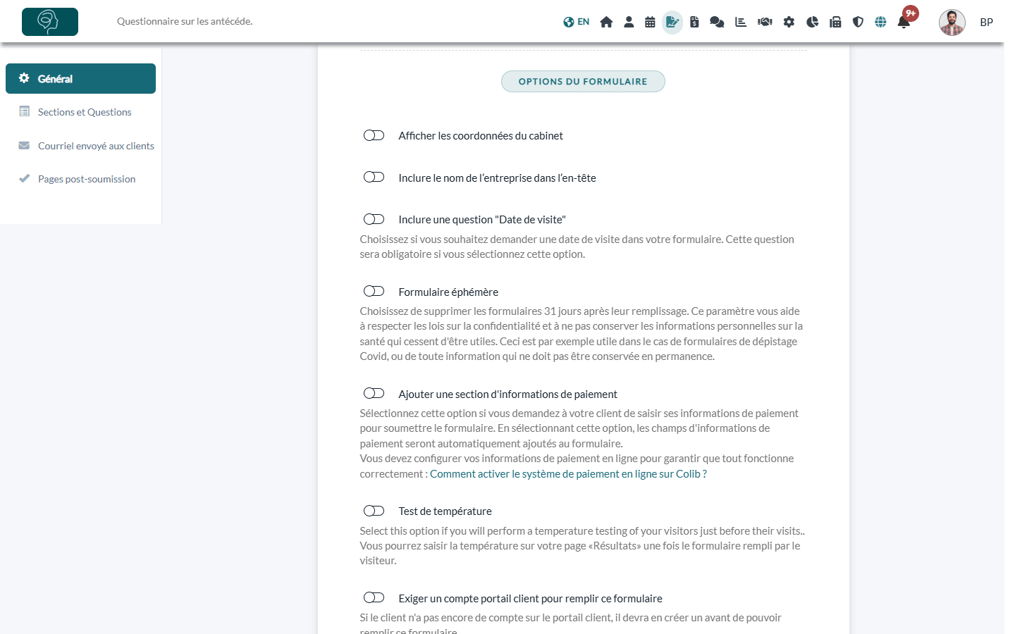 Options du formulaire dans l'onglet Général