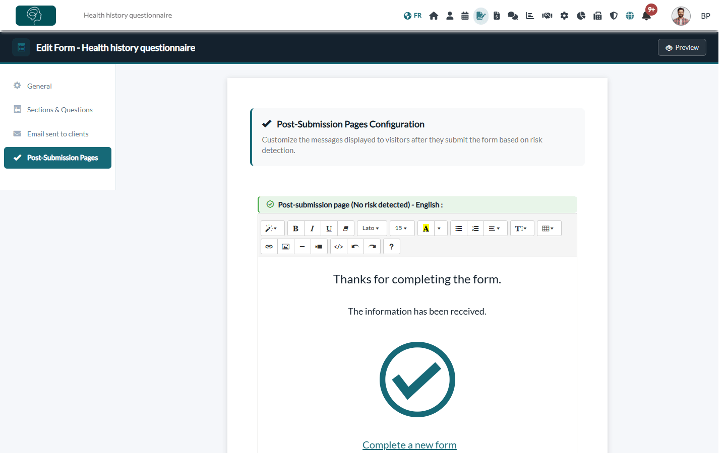 Post-Submission Pages tab with the message shown after the form is submitted