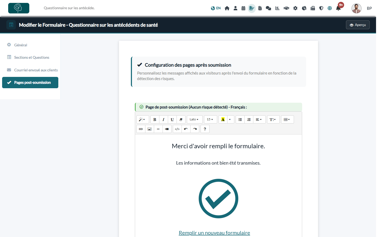 Onglet Pages post-soumission avec le message affiché après la soumission