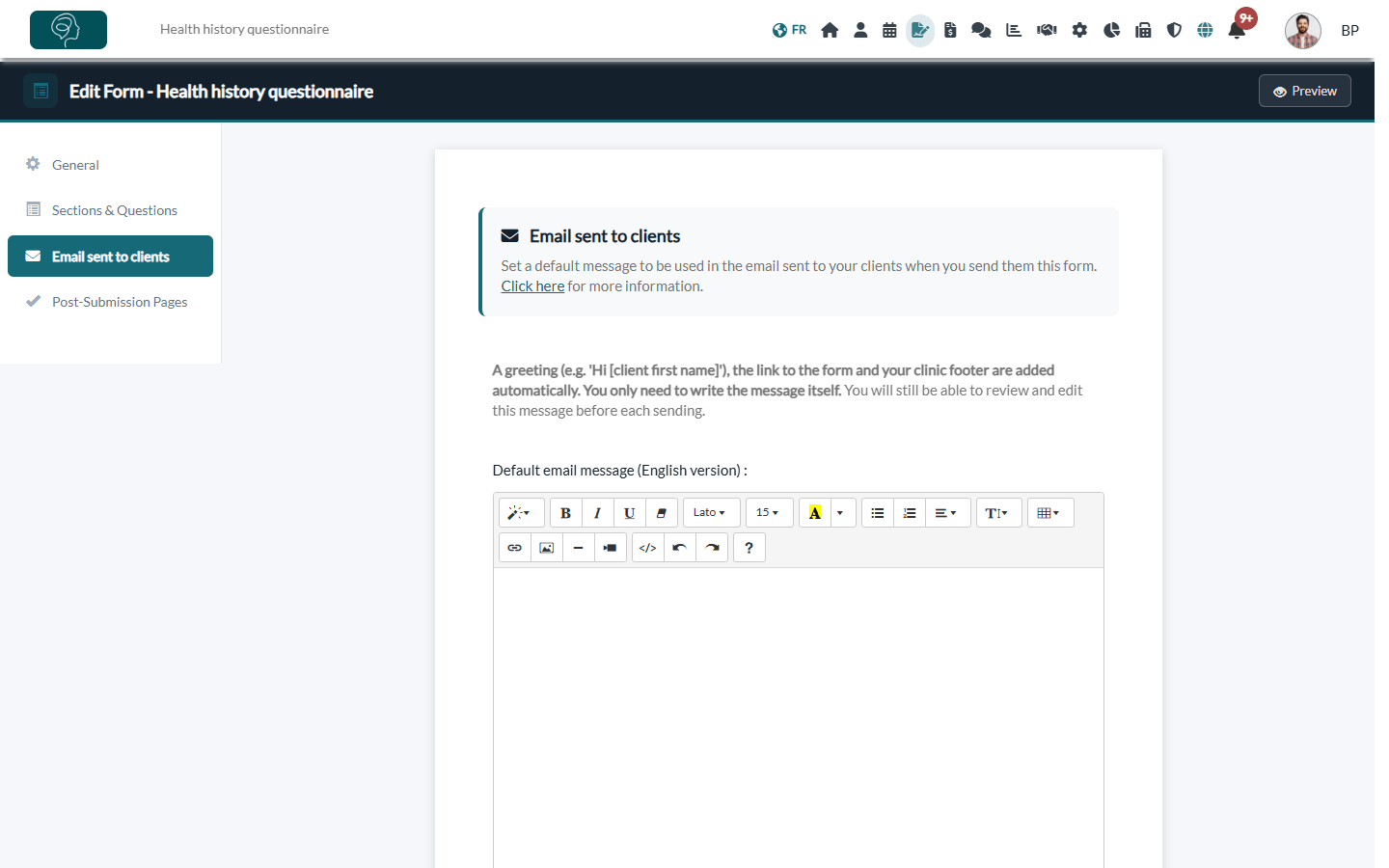 Email sent to clients tab with the default email message