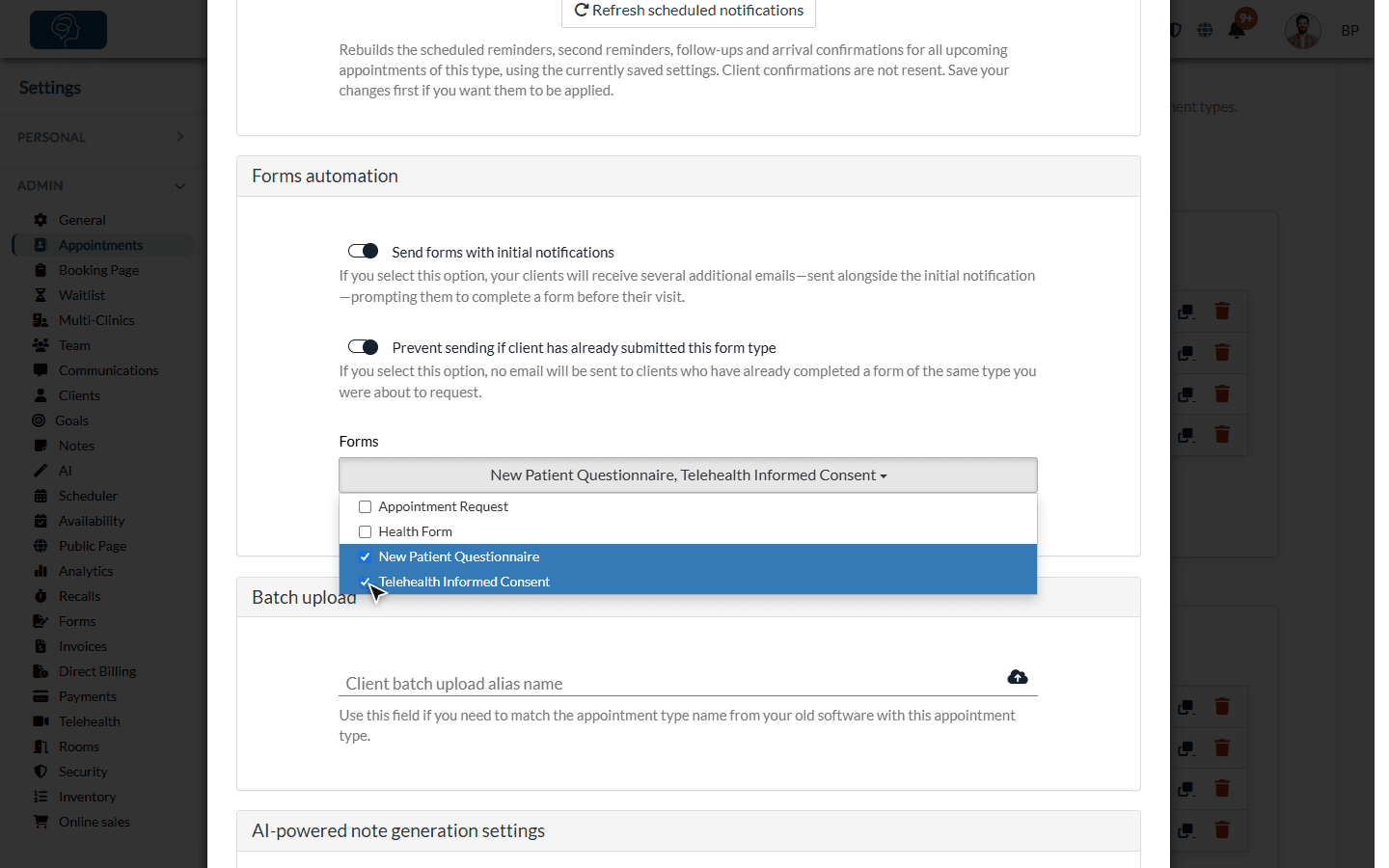Forms automation section of an appointment type with two forms selected