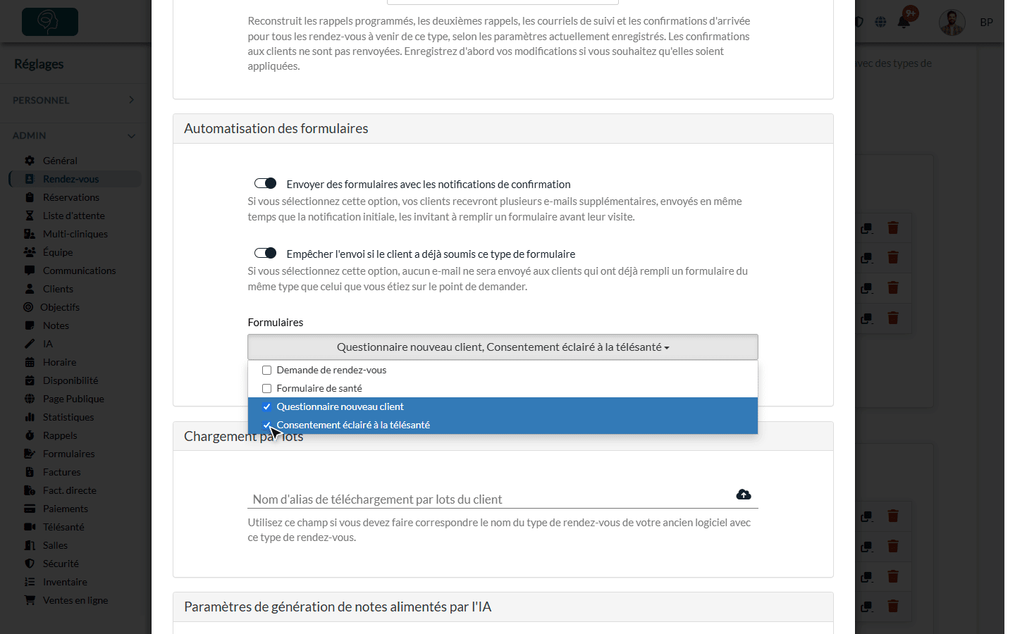 Section Automatisation des formulaires d'un type de rendez-vous avec deux formulaires choisis