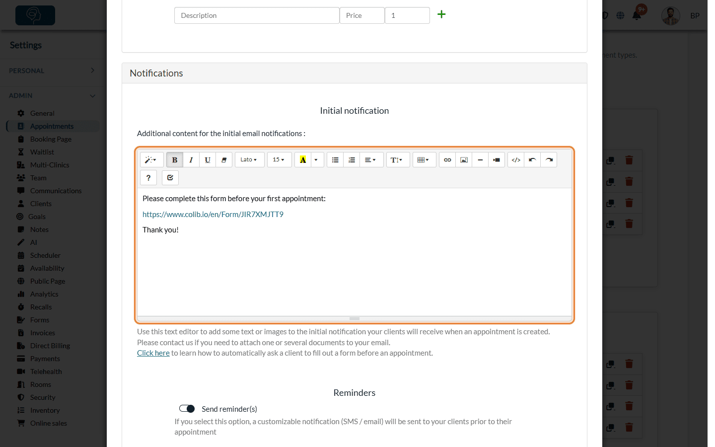Link of a form added to the initial notification of an appointment type