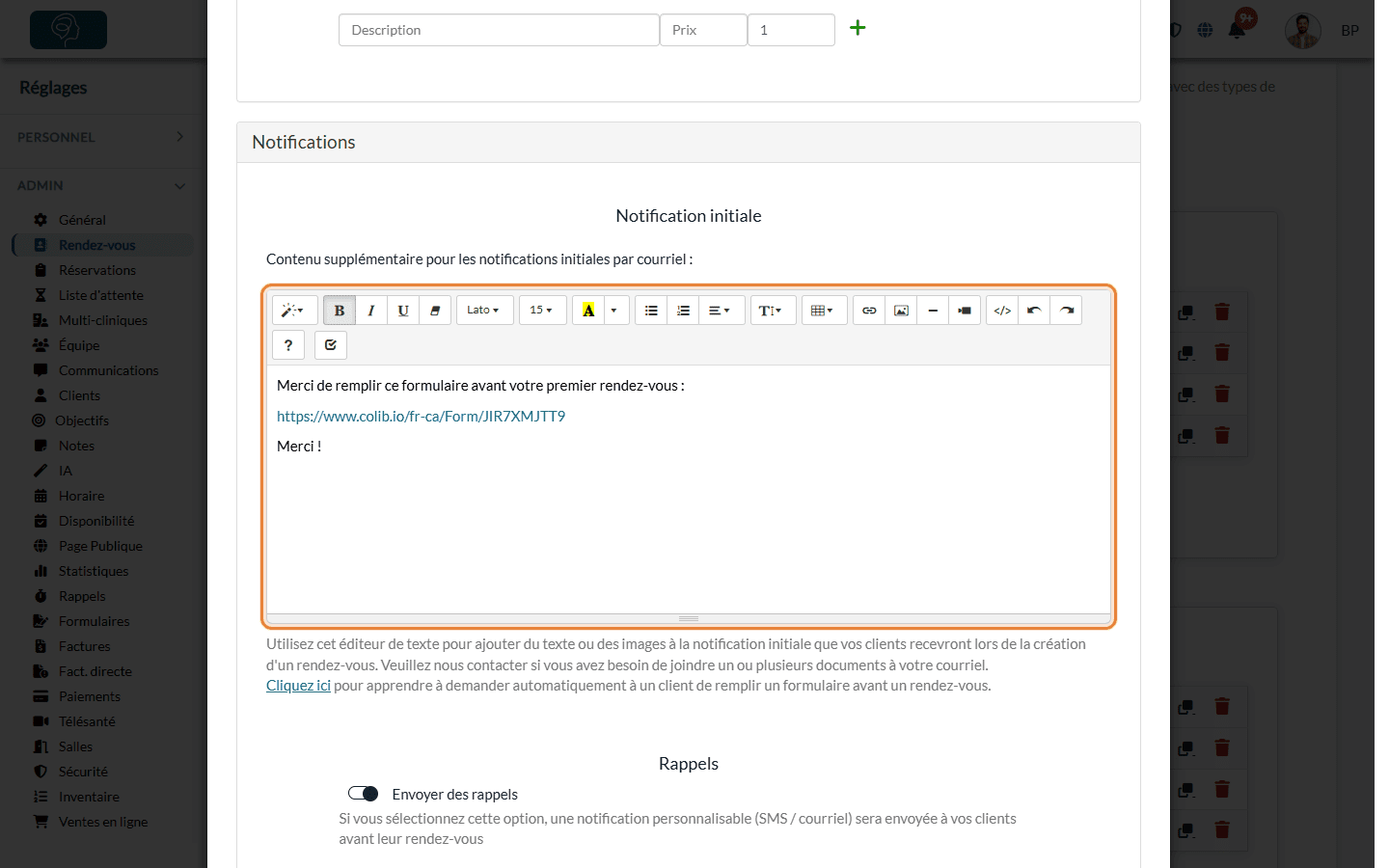 Lien d'un formulaire ajouté à la notification initiale d'un type de rendez-vous